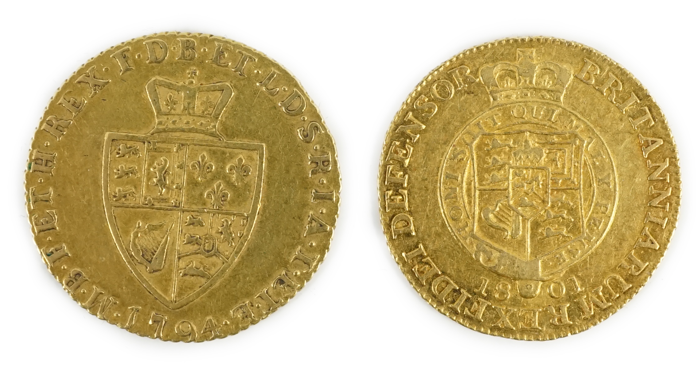 Two George III gold half guineas, 1794 and 1801